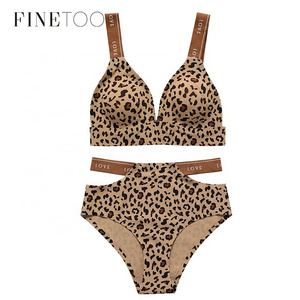 FINETOO Leopard Sexy Wireless Briefs&Bras For Ladies Seamless Comfortable Ice Silk Female Lingerie Hollow Out Panties Summer NEW