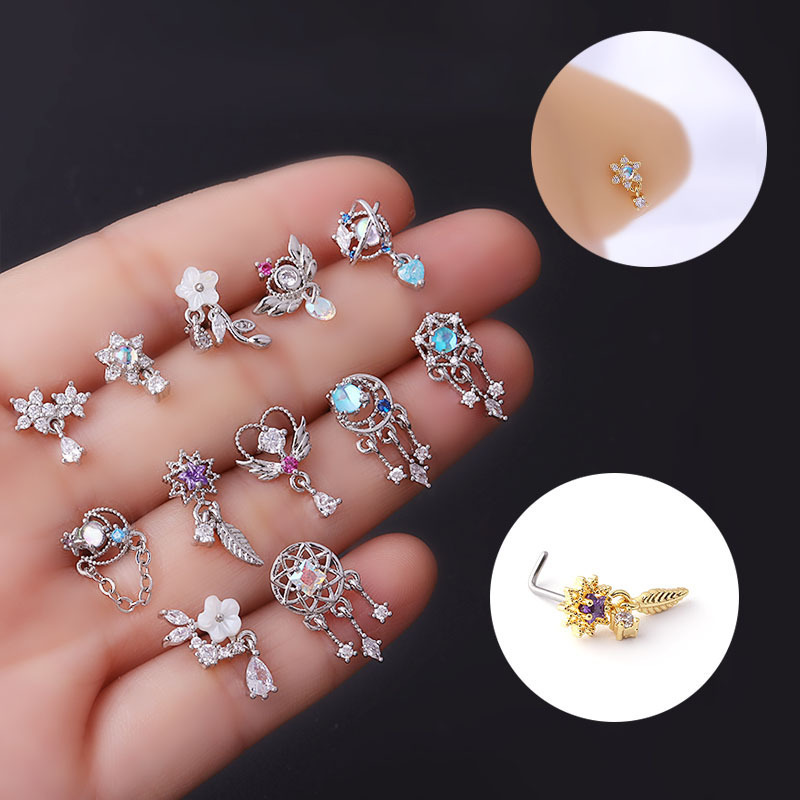 2022 New 1Pcs Fashion 20GL Surgical Stainless Steel CZ Dangle Nose Studs Colorful Indian Screw Nose Rings Nose Piercing Jewelry