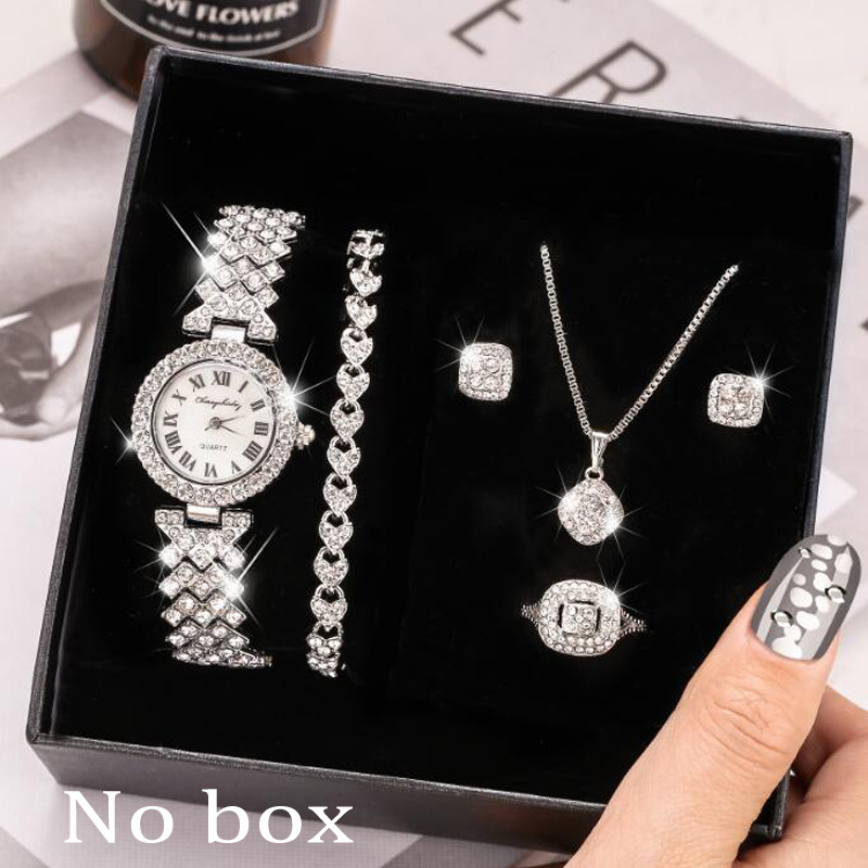 Fashion Luxury Full Diamond Quartz Watch Set Shiny Crystal Necklace Earrings Set Jewelry for Women