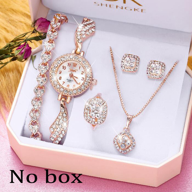 Fashion Luxury Full Diamond Quartz Watch Set Shiny Crystal Necklace Earrings Set Jewelry for Women