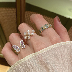 Cute Resin Pearl Rings Opening Adjustable Butterfly Ball Rings for Women