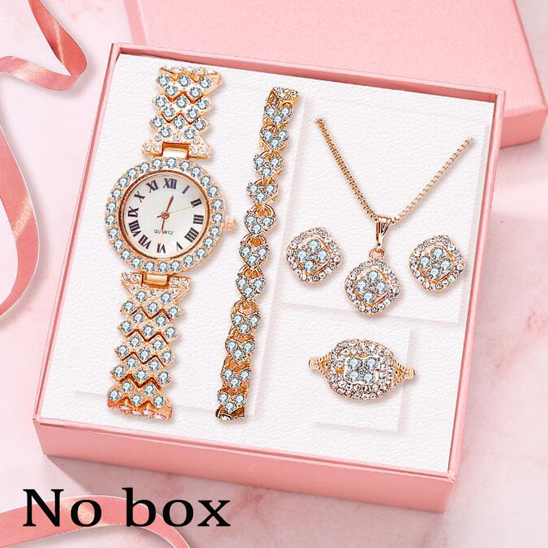 Fashion Luxury Full Diamond Quartz Watch Set Shiny Crystal Necklace Earrings Set Jewelry for Women