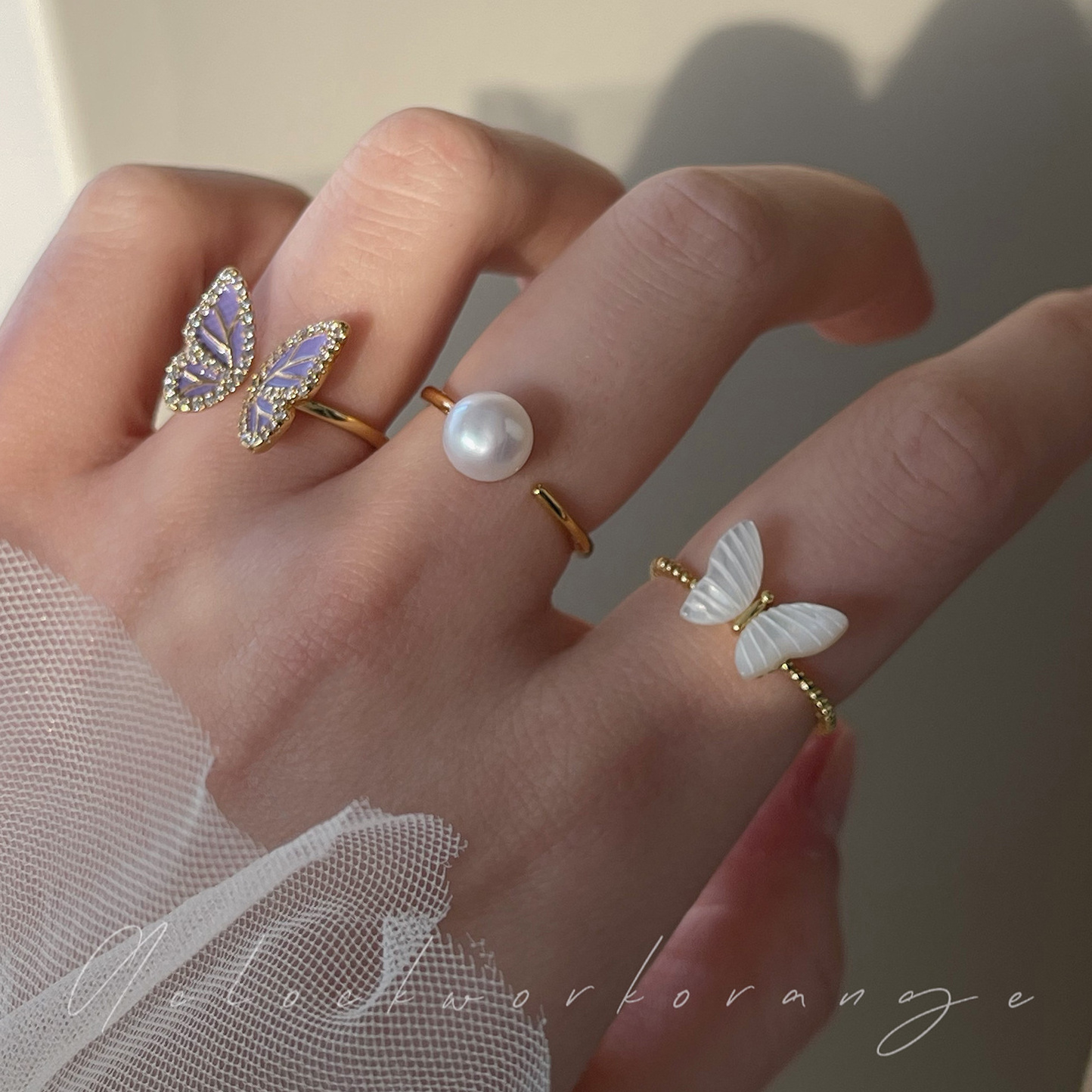 Cute Resin Pearl Rings Opening Adjustable Butterfly Ball Rings for Women