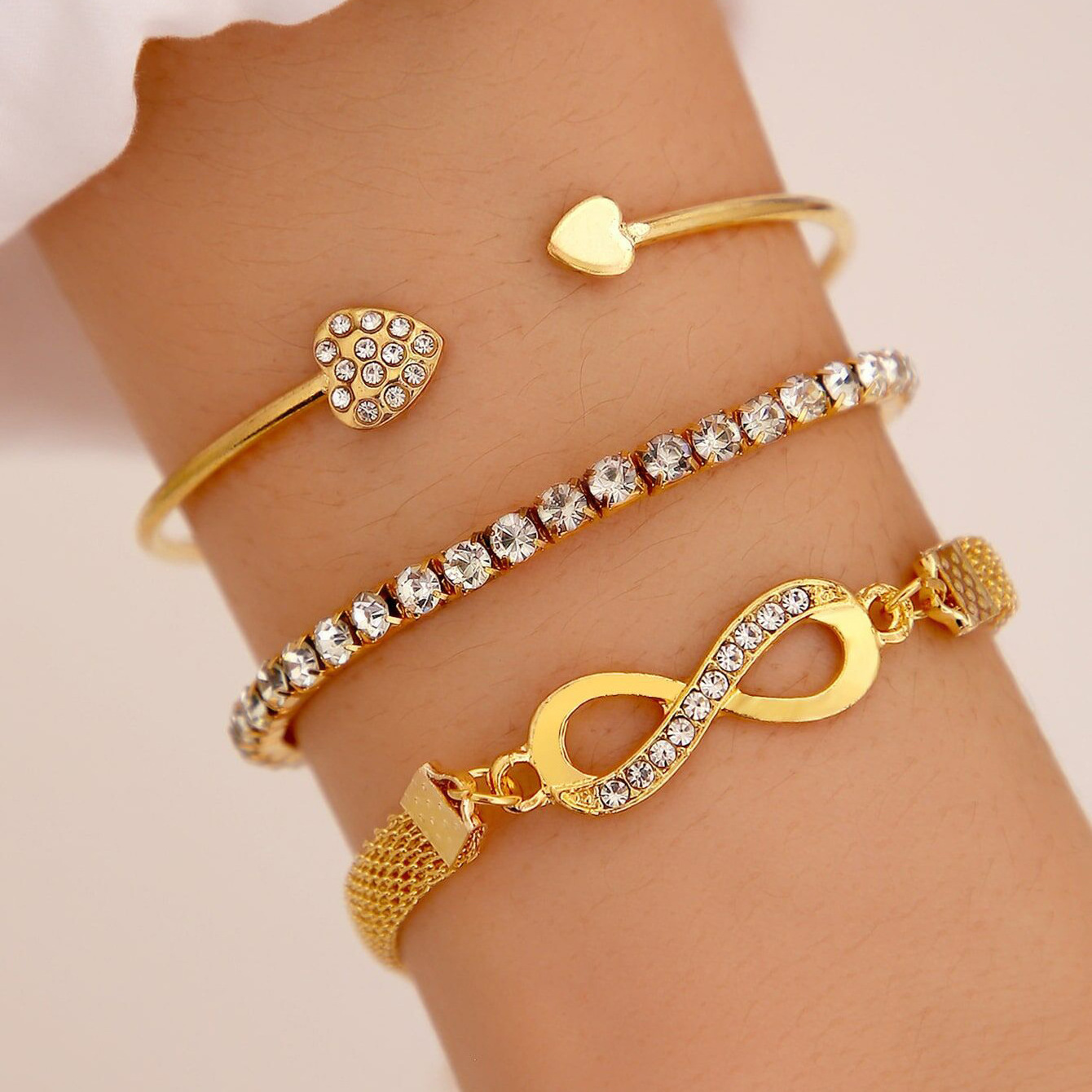 Fashion Full Diamond Crystal Peach Heart Open Charm Bangle Bracelet Set Multilayer Infinity Heart Bracelet for women