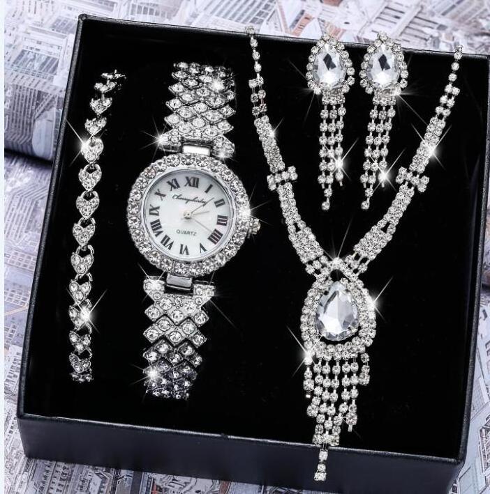 Fashion Luxury Full Diamond Quartz Watch Set Shiny Crystal Necklace Earrings Set Jewelry for Women