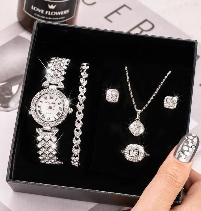 Fashion Luxury Full Diamond Quartz Watch Set Shiny Crystal Necklace Earrings Set Jewelry for Women