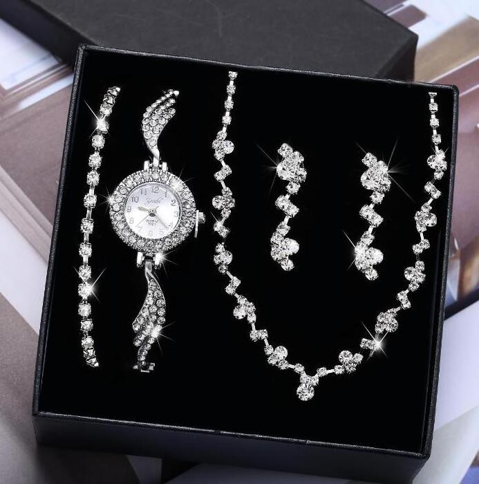 Fashion Luxury Full Diamond Quartz Watch Set Shiny Crystal Necklace Earrings Set Jewelry for Women