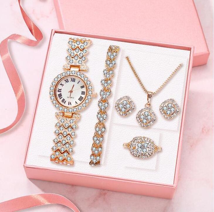 Fashion Luxury Full Diamond Quartz Watch Set Shiny Crystal Necklace Earrings Set Jewelry for Women