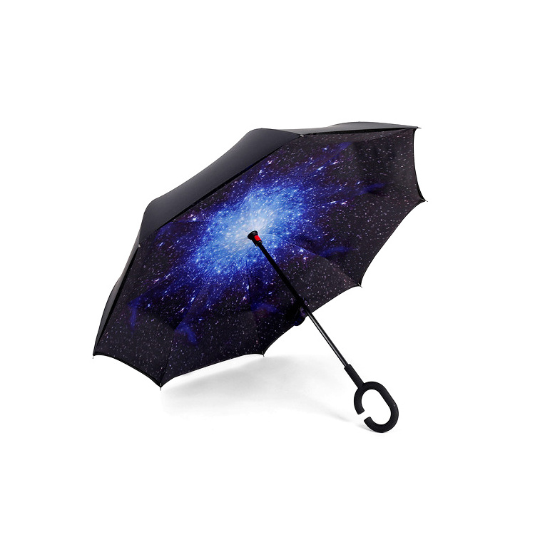 Promotional windproof parasol upside down inside out custom double layer inverted umbrella with logo prints