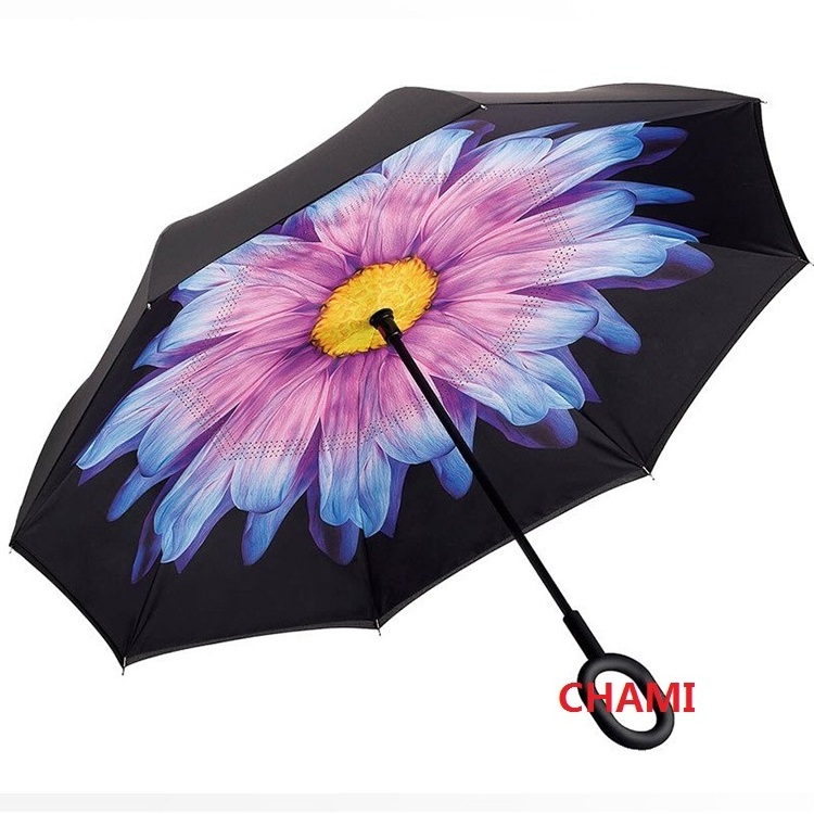 Custom Inside Out C Shape Handle inverted Reverse Umbrella with logo prints