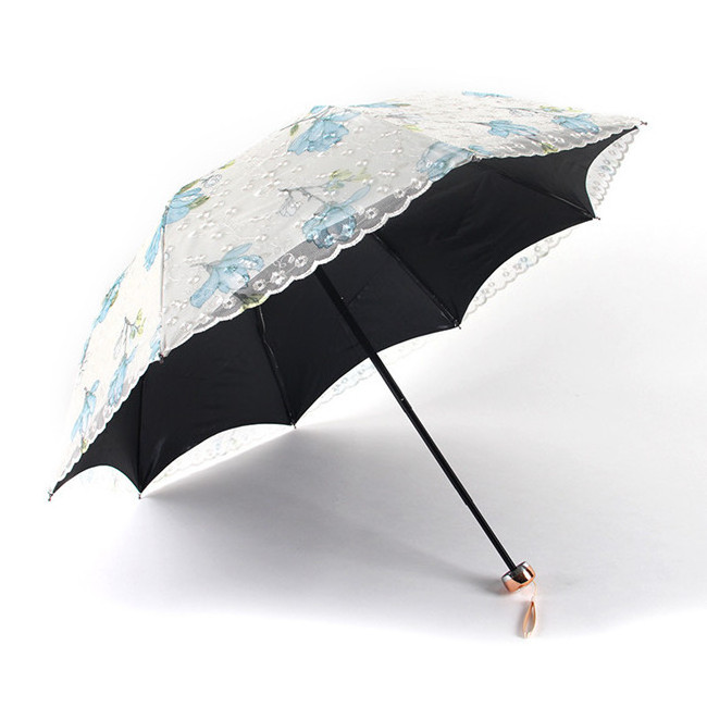 Double layer embroidered lace black coating sunshade fold umbrella