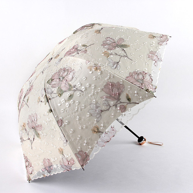 Double layer embroidered lace black coating sunshade fold umbrella