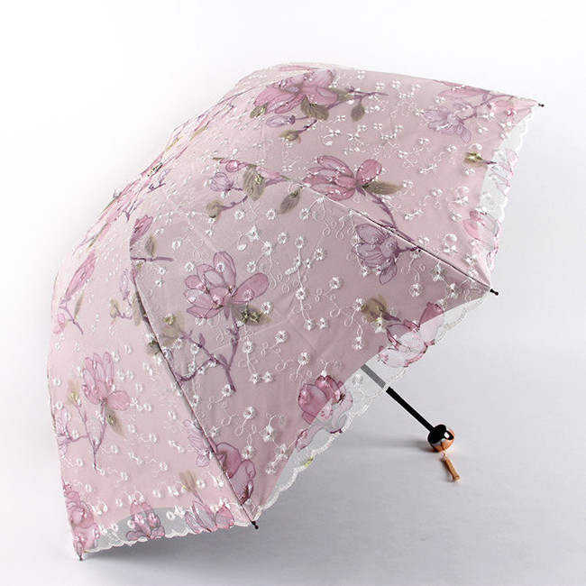 Double layer embroidered lace black coating sunshade fold umbrella