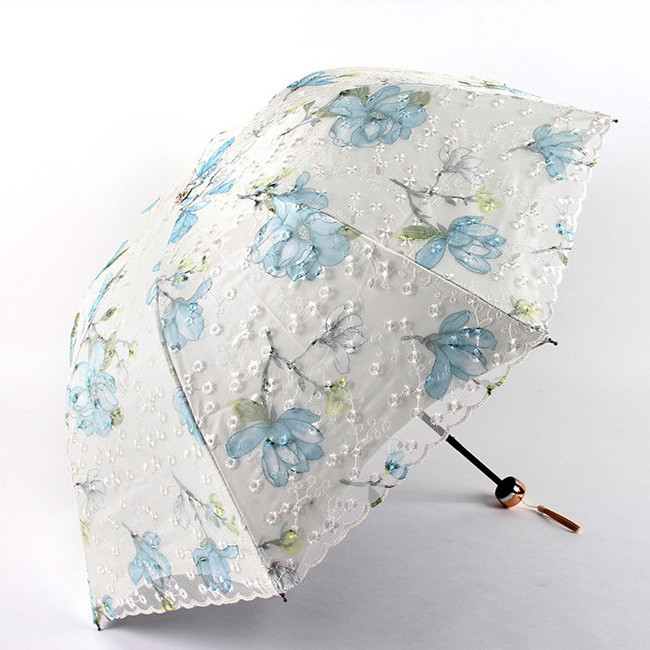 Double layer embroidered lace black coating sunshade fold umbrella