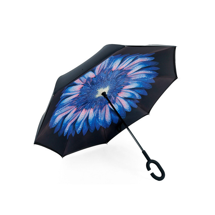 Promotional windproof parasol upside down inside out custom double layer inverted umbrella with logo prints