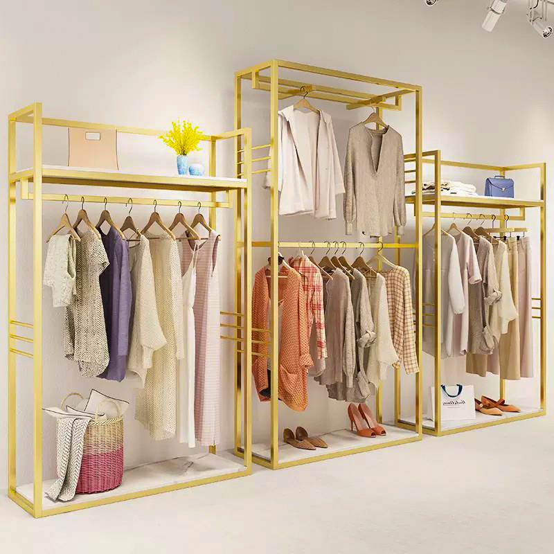 Gold Clothing Rack Apparel Retail Nesting Table Clothes Shelving Clothing Store Furniture Metal Garment Display Rack