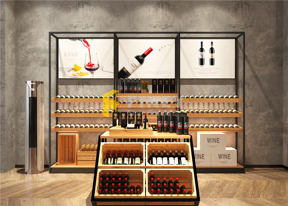 Metal Wood Wall Mounted Wine Bottle Rack Free Standing Floor Gondola Counters For Liquor Store Customized Liquor Store Shelves