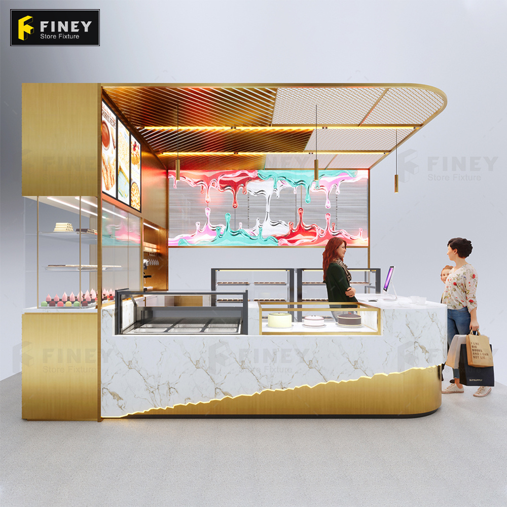 Custom Modern Shopping Mall Kiosk Ideas Indoor Food Ice Cream Coffee Kiosk Mobile Food Shop Gold Chocolate Food Kiosk for Mall