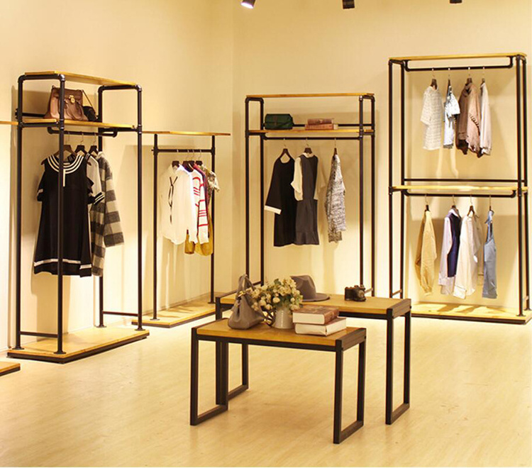 Fashion Store Clothing Rail Wooden Clothes Hanging Garment Rack For Clothing Shop