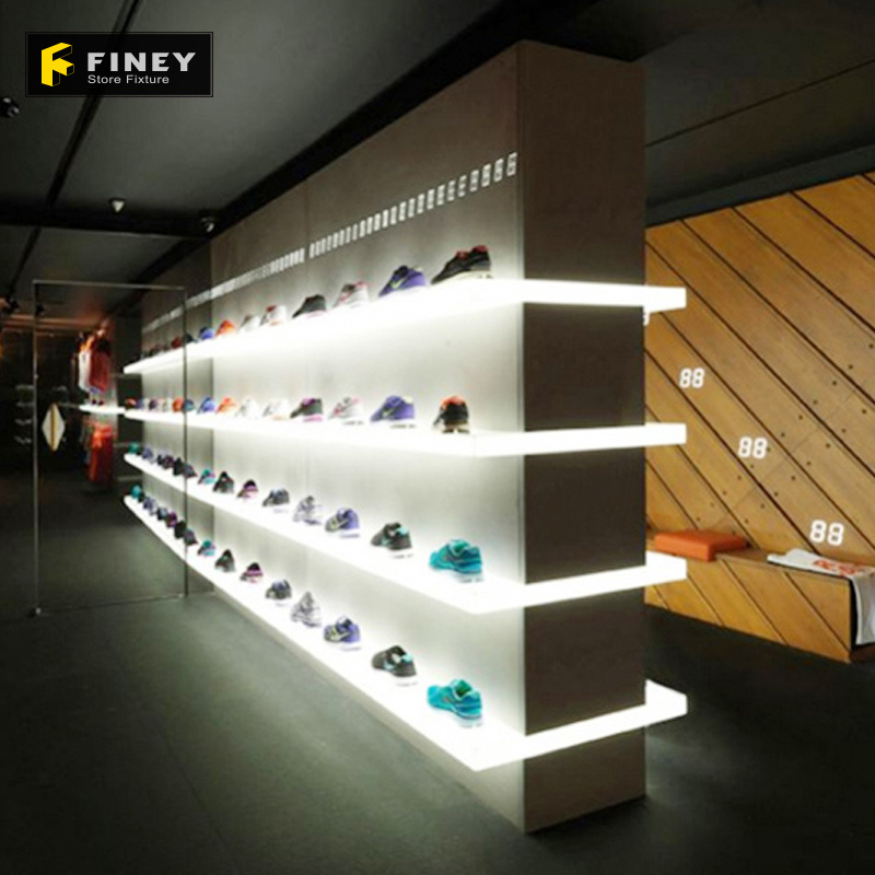 Custom Retail Floor Standing Wall MDF Led Lighting Shoe Rack Display Factory Wall MDF Led Lighting Shoe Rack