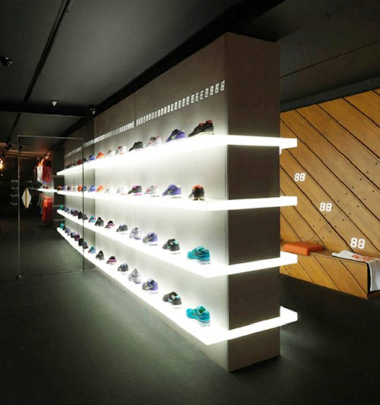 Custom Retail Floor Standing Wall MDF Led Lighting Shoe Rack Display Factory Wall MDF Led Lighting Shoe Rack