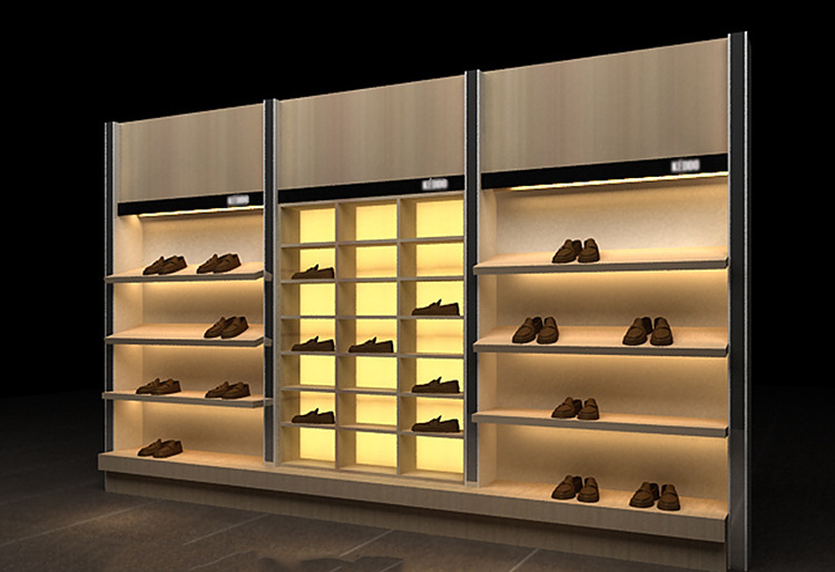 Custom Retail Floor Standing Wall MDF Led Lighting Shoe Rack Display Factory Wall MDF Led Lighting Shoe Rack