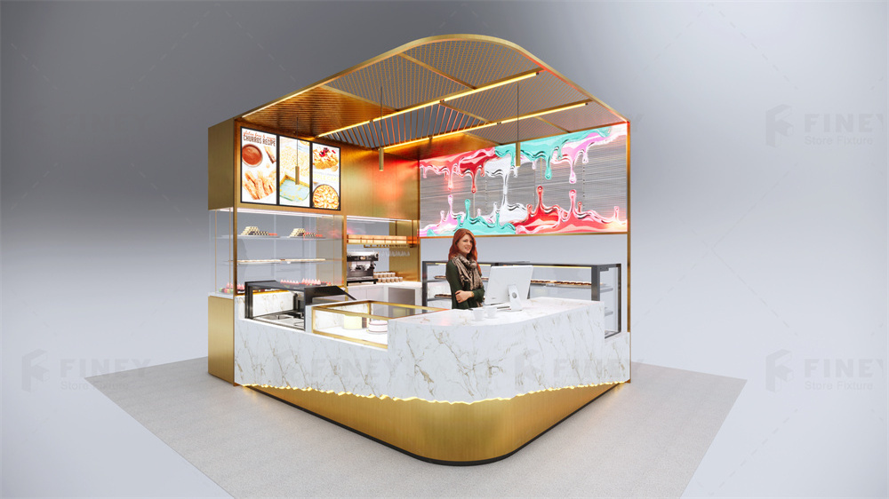 Custom Modern Shopping Mall Kiosk Ideas Indoor Food Ice Cream Coffee Kiosk Mobile Food Shop Gold Chocolate Food Kiosk for Mall