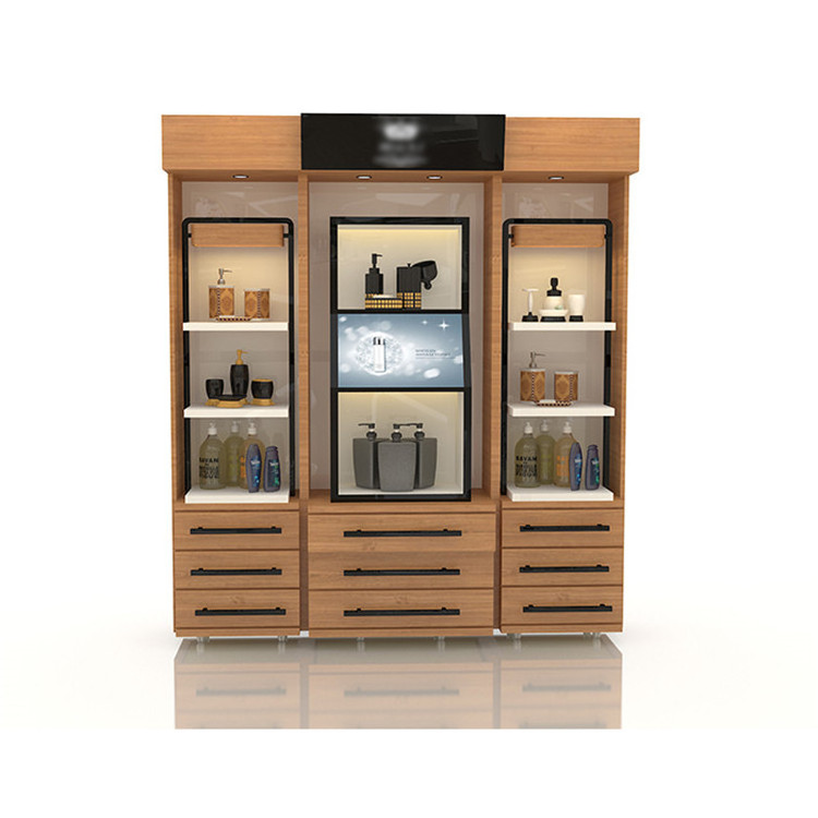 Custom Retail Makeup Display Cabinet Wooden Cosmetic Display Stand With Led Lights Cosmetic Shelf