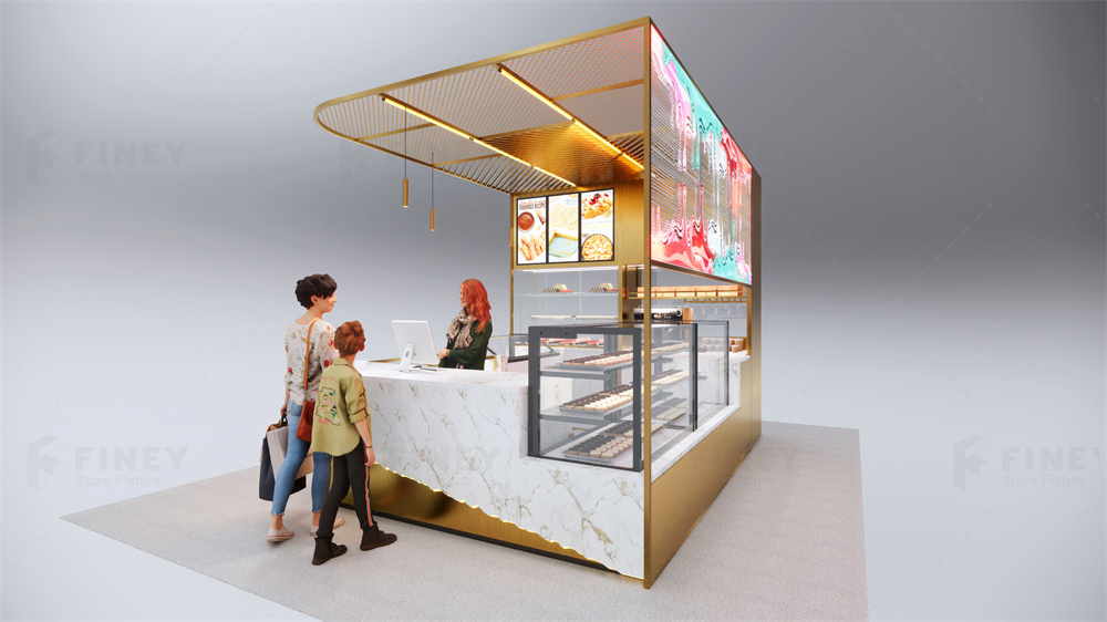 Custom Modern Shopping Mall Kiosk Ideas Indoor Food Ice Cream Coffee Kiosk Mobile Food Shop Gold Chocolate Food Kiosk for Mall