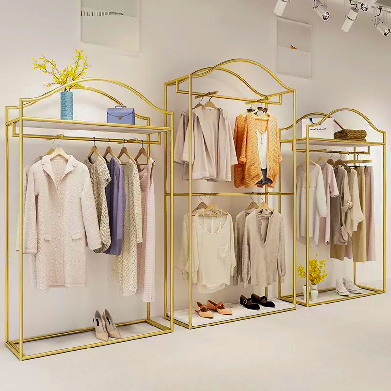 Gold Clothing Rack Apparel Retail Nesting Table Clothes Shelving Clothing Store Furniture Metal Garment Display Rack