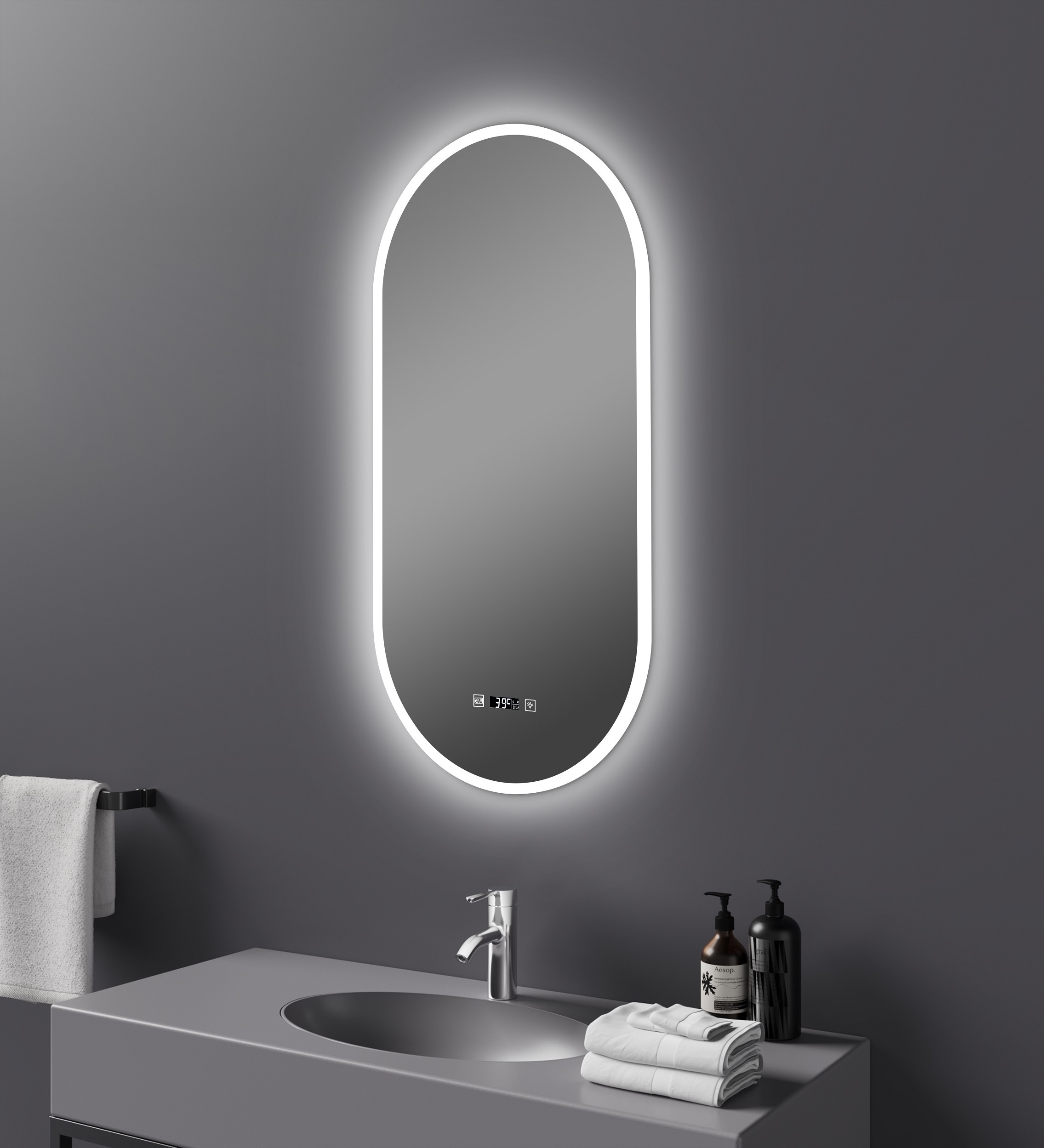 New Model Bathroom Mirror Led lighted Vanity Mirror with anti-fog, Time Temperature Calendar Display LED mirror with lights