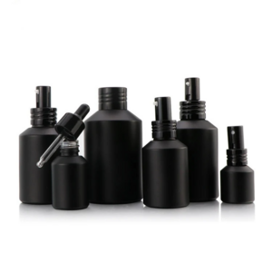 cosmetic packaging black bottles 2oz glass dropper bottle 50ml 60ml beard oil bottles with black matte aluminum pump dropper