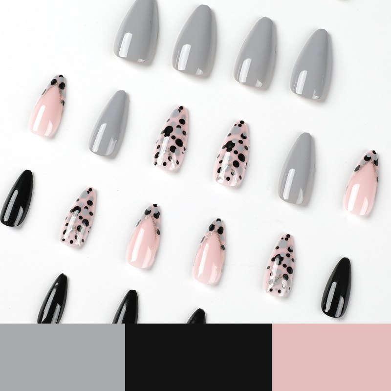 wholesale nail supply hot selling false Nail Art french grey black dots gold line almond ballerina Press On Nail french coffin