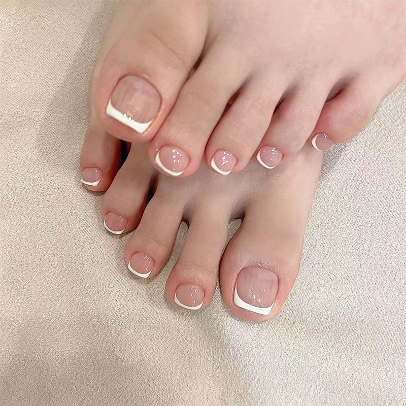 2023 24 pcs simple design white french edge toe nails press on nude pink artificial feet nails full cover wholesale