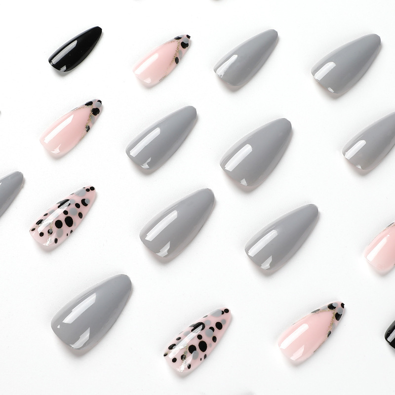 wholesale nail supply hot selling false Nail Art french grey black dots gold line almond ballerina Press On Nail french coffin