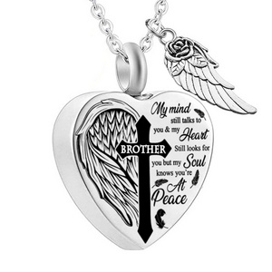 Custom  Angel Wing Stainless Steel Cremation Necklace Heart Shape Ash Urn Necklace For Memorial Pet Dog Cat