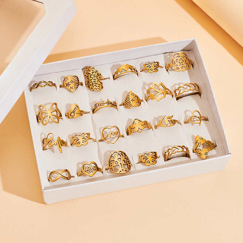 2023 Wholesale 100 PCS/Box Fashion Ring Set Gold Plated Stainless Steel Rings For Women Girls