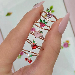 2020 Cute Girl Gold Plated Brass Zircon Apple Grape Strawberry Cherry Fruit Rings For Women