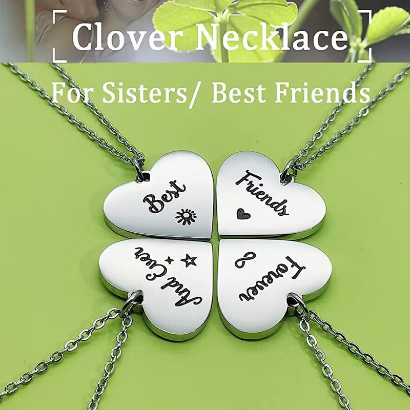 4 Pcs/Set Heart Four Leaf Clover Pendant Necklace Stainless Steel Best Friends Sisters Necklaces BFF Jewelry