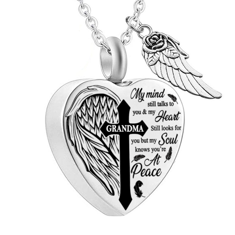 Custom  Angel Wing Stainless Steel Cremation Necklace Heart Shape Ash Urn Necklace For Memorial Pet Dog Cat