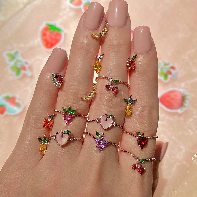 2020 Cute Girl Gold Plated Brass Zircon Apple Grape Strawberry Cherry Fruit Rings For Women