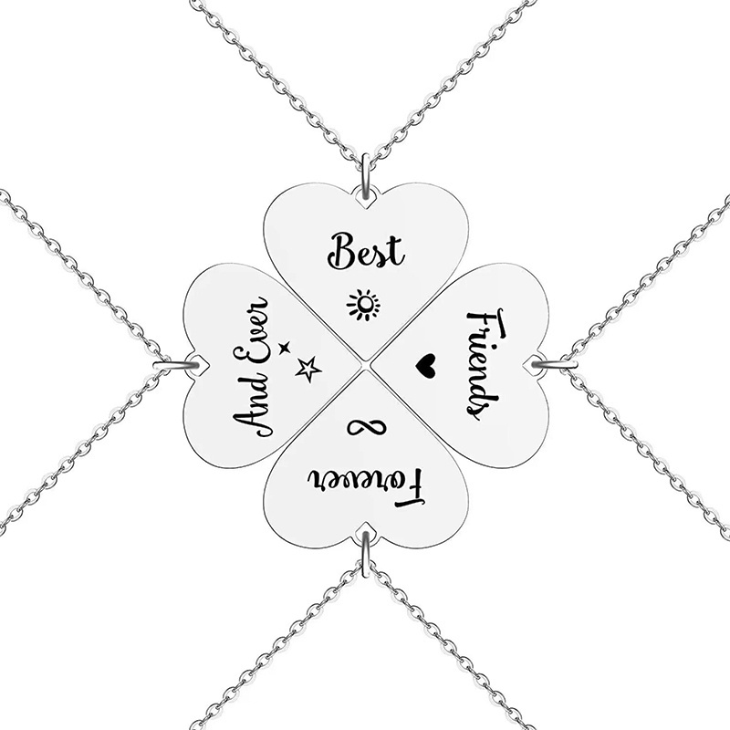 4 Pcs/Set Heart Four Leaf Clover Pendant Necklace Stainless Steel Best Friends Sisters Necklaces BFF Jewelry