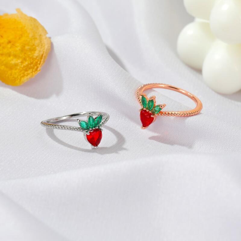 2020 Cute Girl Gold Plated Brass Zircon Apple Grape Strawberry Cherry Fruit Rings For Women