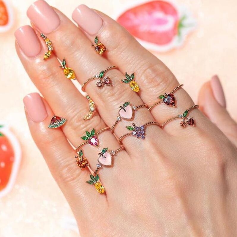 2020 Cute Girl Gold Plated Brass Zircon Apple Grape Strawberry Cherry Fruit Rings For Women