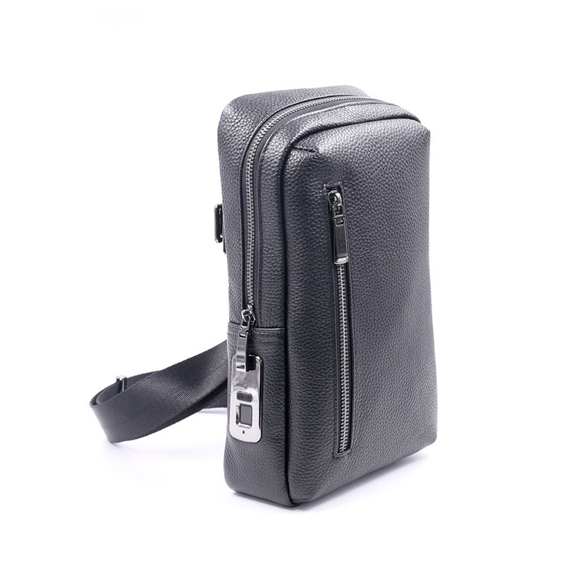 Fingerprint Lock Men's Genuine Leather Chest Bags Smart System Anti-theft Single Shoulder Travel Cross Bag