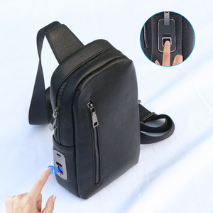 Fingerprint Lock Men Genuine Leather Man Cross Chest Bags Smart Fingerprint System Anti Theft Single Shoulder Messenger Travel C