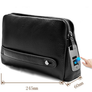 Fingerprint Lock Men Small Wallet Clutch Purse Fingerprint Lock Genuine Leather Anti Theft Handbag Men