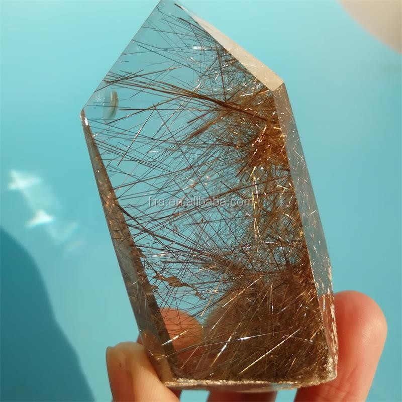 Natural Vogel Style Clear Quartz Crystal 6 Sided Wand Point Golden Hair Rutilated Quartz For Sale