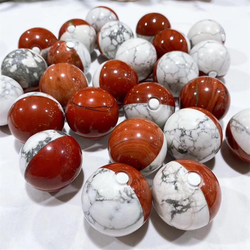 Natural Stone Carved Red Jasper Howlite Crystal Pocket Monster PokeBall Carvings Sphere For Home Decoration