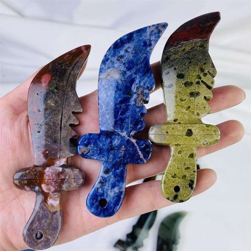 Natural high quality healing polished blue sodalite crystal sword carvings reiki tiger eyes crystal dagger for home decoration